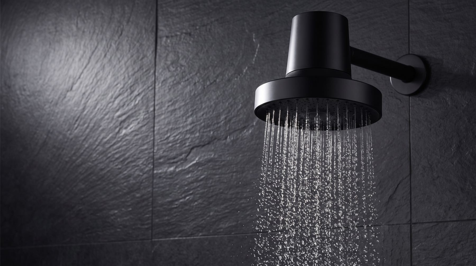 Matte black Fountfall PureFlow shower head raining water against slate tile